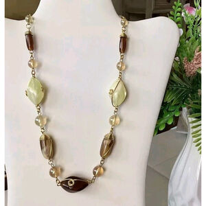Chunky Acrylic Stone Necklace Hand Crafted Wire Wrapped Beads, Neutrals, Boho